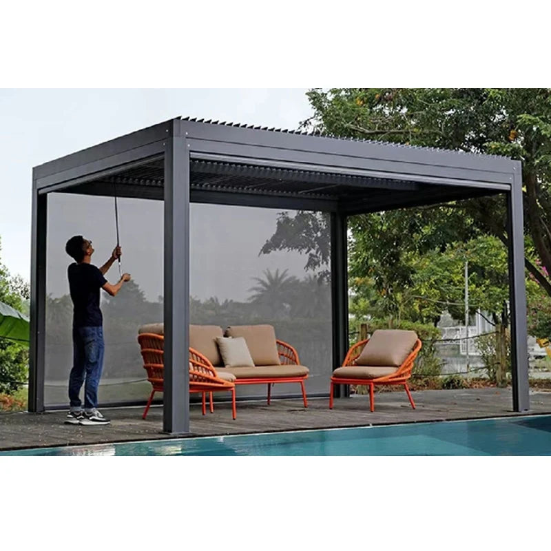 Bioclimatic Aluminum  Pergola 3x4m/10x12ft Manual flip louvered roof with manual roller blinds garden gazebo canopy