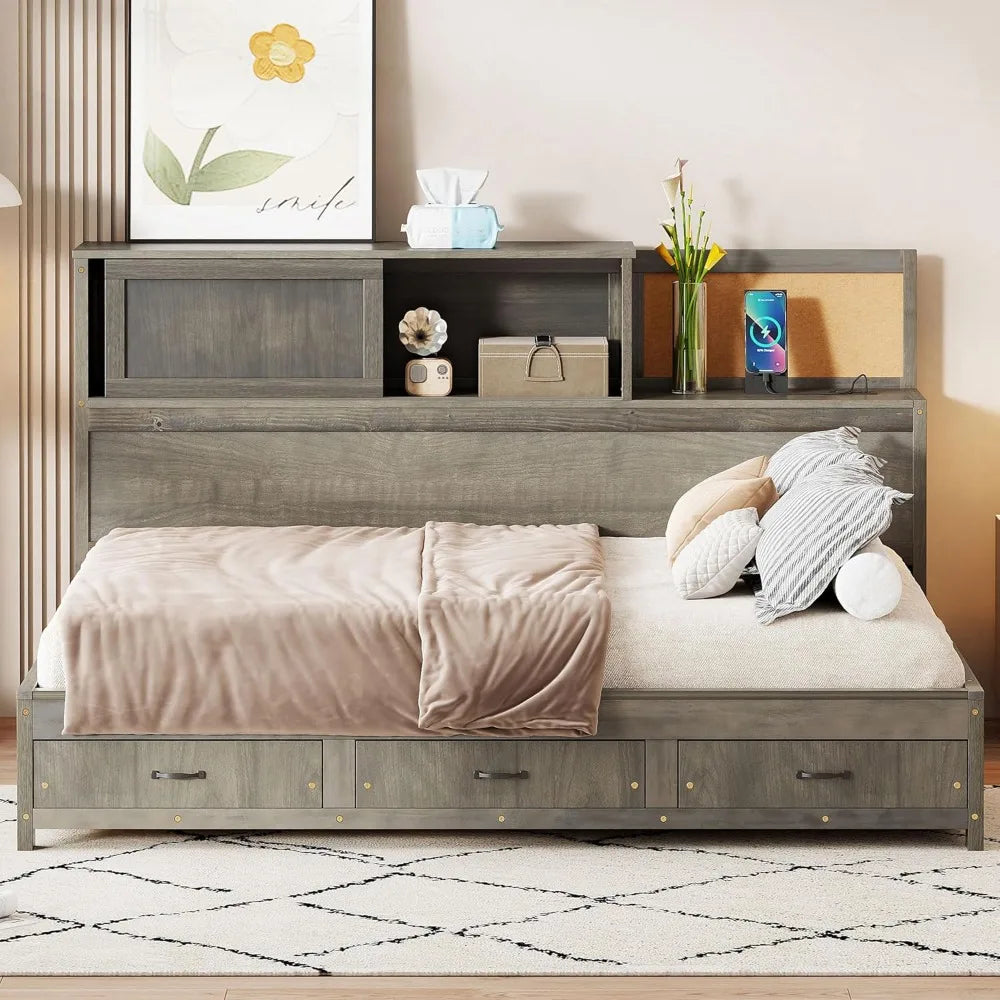 Full Size Daybed with USB Ports and Sockets,Wooden Platform Bed Frame with Storage Drawers and Shelf for Living, Customized