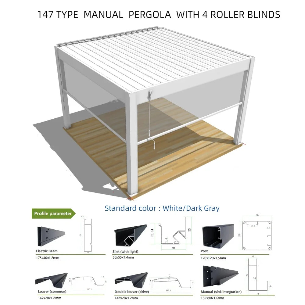 Bioclimatic Aluminum  Pergola 3x4m/10x12ft Manual flip louvered roof with manual roller blinds garden gazebo canopy