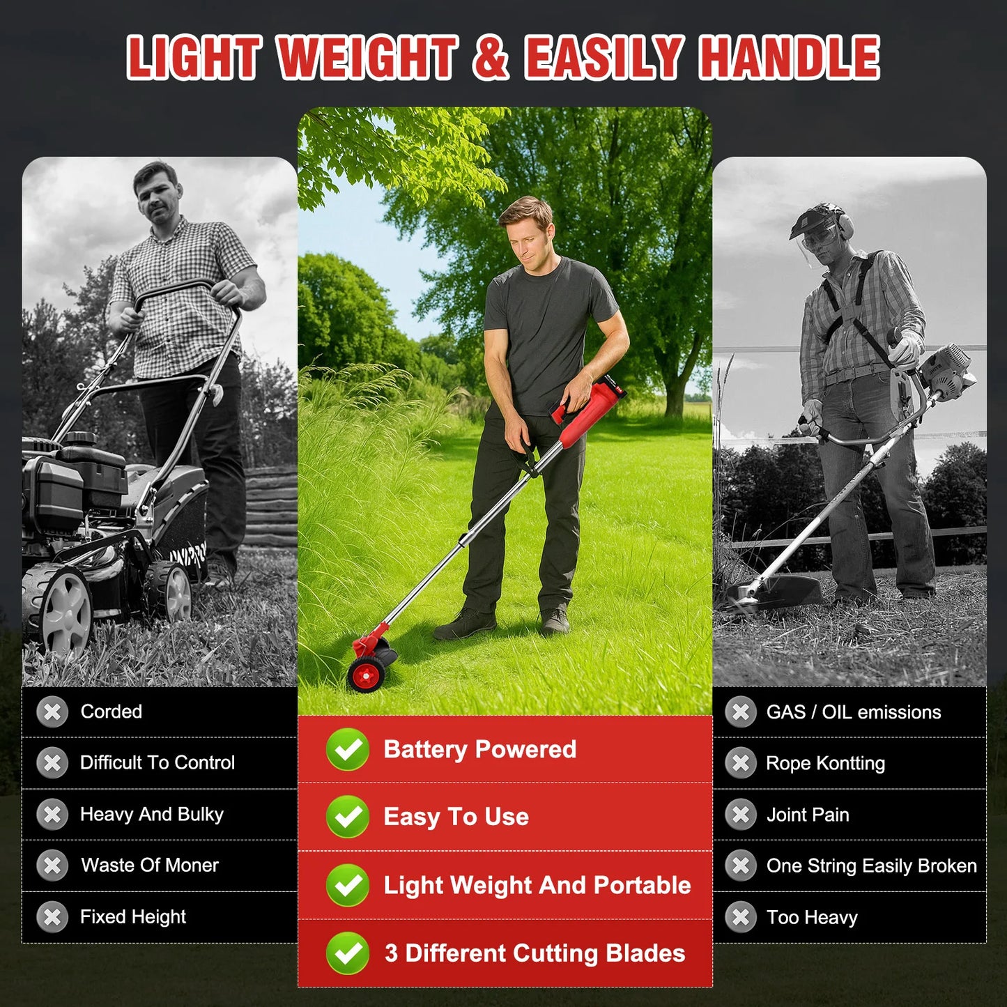 21V Cordless Weed Wacker Electric Grass Trimmer 3-in-1 Brush with Wheels 24V Lithium-ion Edger and Trimmer for Lawn and Garden