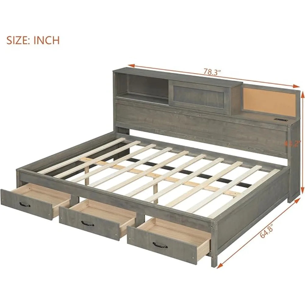 Full Size Daybed with USB Ports and Sockets,Wooden Platform Bed Frame with Storage Drawers and Shelf for Living, Customized