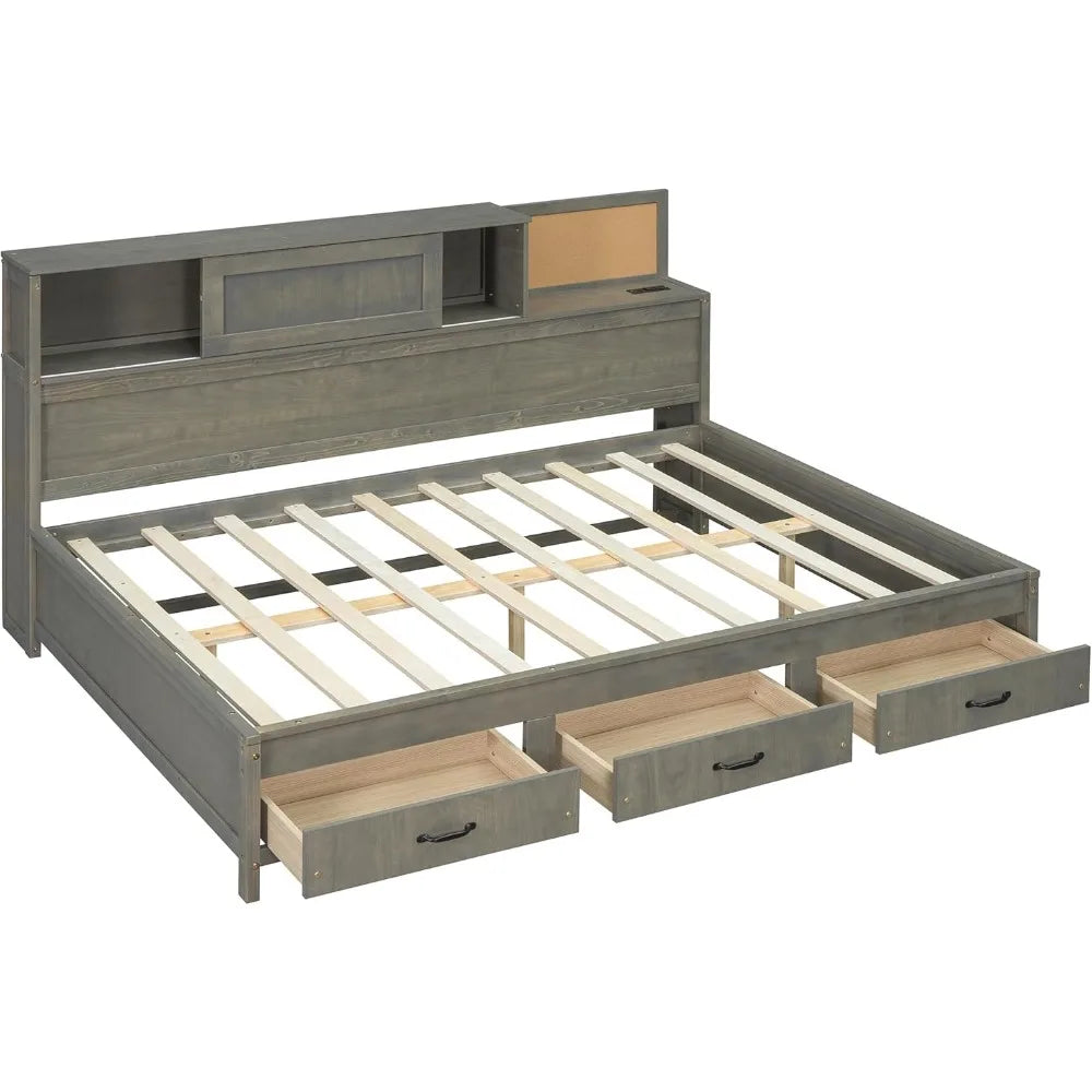 Full Size Daybed with USB Ports and Sockets,Wooden Platform Bed Frame with Storage Drawers and Shelf for Living, Customized